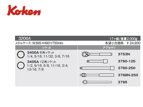 Ko-ken（コーケン/山下工業研究所）3/8”ツールセット，17点【品番 3206A】 | 正栄機工輸入センター