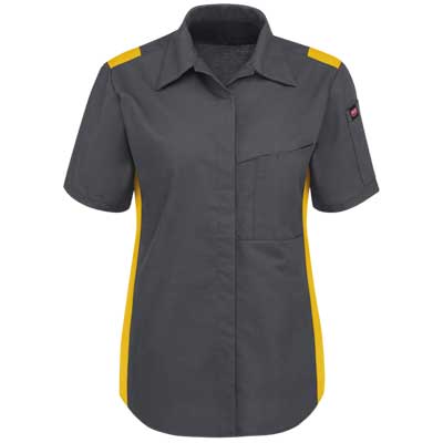 【取寄限定】REDKAP（レッドキャップ）パフォーマンスプラスショップシャツ（女性用 半袖） チャコール/イエロー
