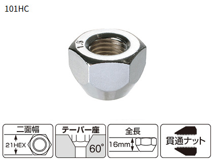 KYO-EI（協永産業）貫通ナット，シルバー/クローム【101HC】21ｍｍ，M12×P1.5