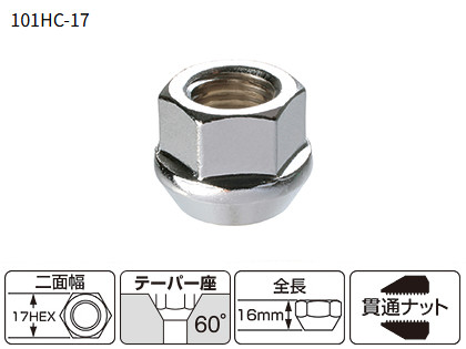KYO-EI（協永産業）貫通ナット，シルバー/クローム【101HC-17】17ｍｍ，M12×P1.5