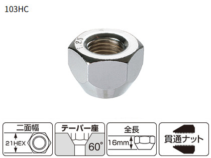 KYO-EI（協永産業）貫通ナット，シルバー/クローム【103HC】21ｍｍ，M12×P1.25