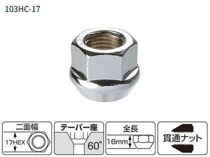 KYO-EI（協永産業）貫通ナット，シルバー/クローム【103HC-17】17ｍｍ，M12×P1.25